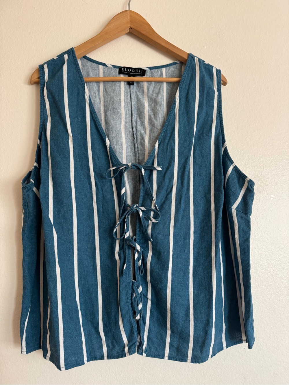 Eloquii Teal-Blue Vertical Stripe Tie-Front Cold-Shoulder Top